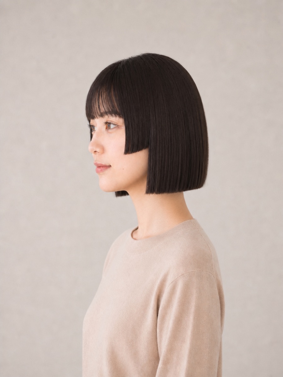姫カットぱっつんボブを真横から見たAI生成イメージ（架空人物）