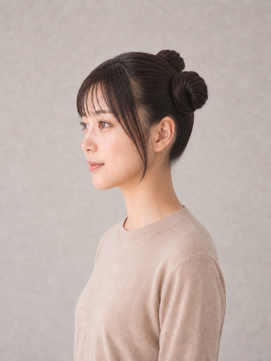 ツインお団子を真横から見たAI生成イメージ(架空人物)