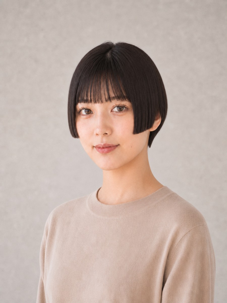 姫カットショートを斜め45°から見たAI生成イメージ（架空人物）